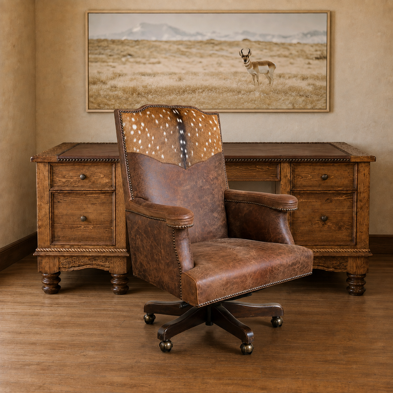 A rustic brown leather and Axis deer-hide swivel office chair positioned in front of a matching dark wood desk, with a framed landscape print of a pronghorn on the beige wall behind.