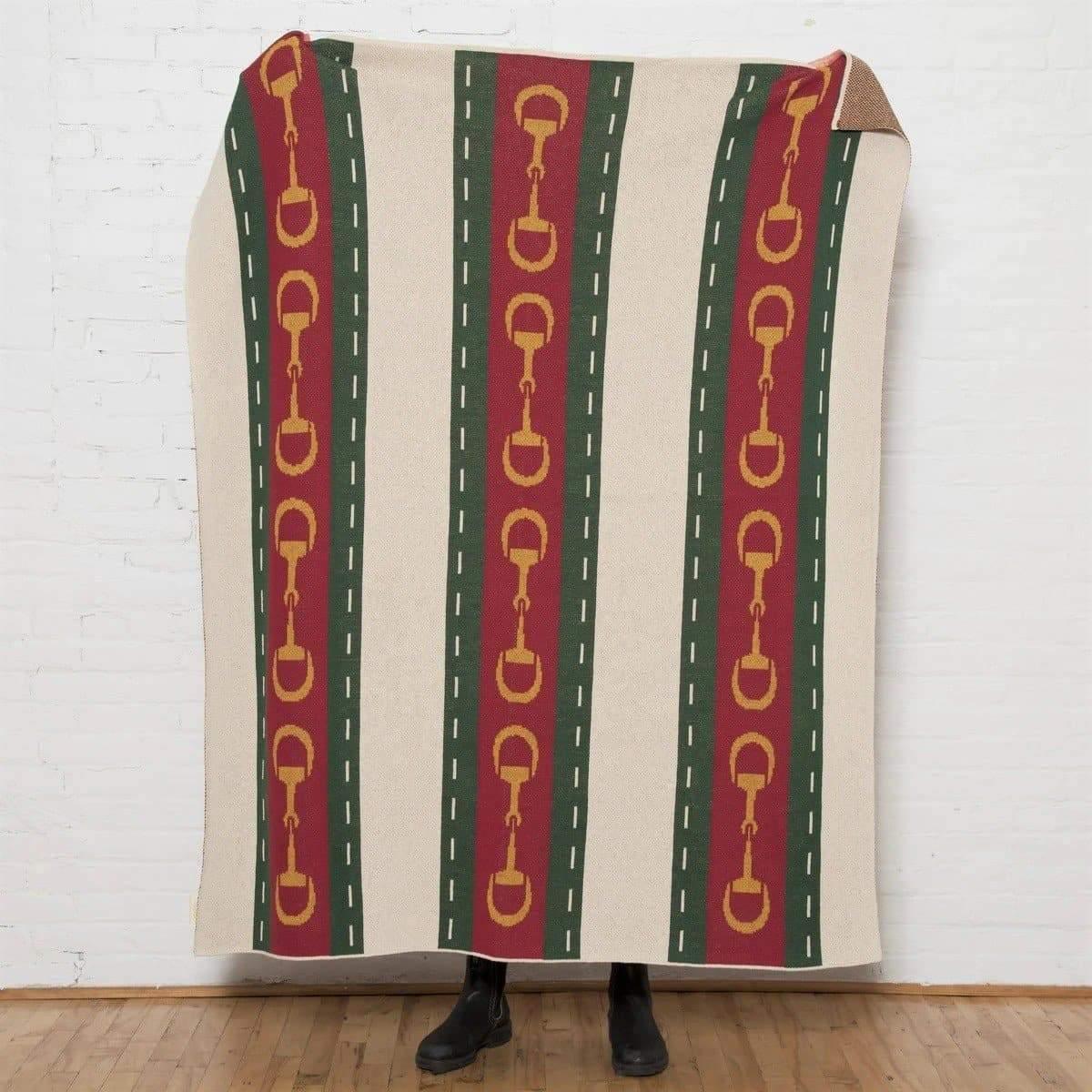 Eco Equine Striped Snaffle Woven Throw Blanket, Ivory, red, green, yellow. Made in the USA. Your Western Decor