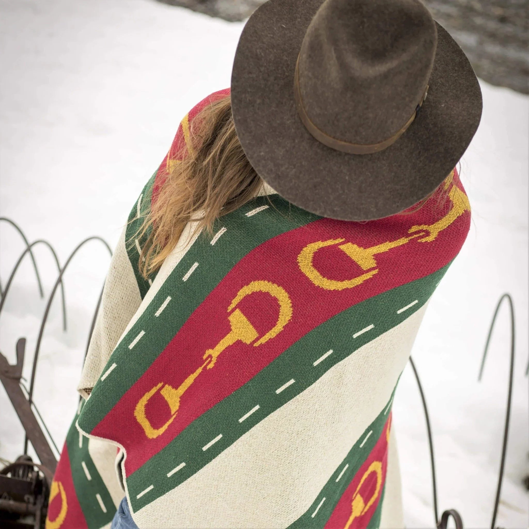 Eco Equine Striped Snaffle Woven Throw Blanket, Ivory, red, green, yellow. Made in the USA. Your Western Decor