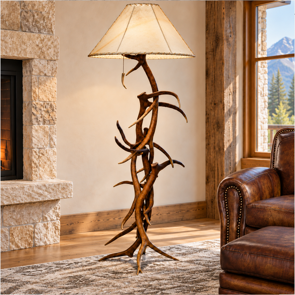 Genuine elk antler floor lamp with 24 inch natural rawhide lamp shade