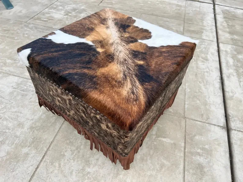 Buckeye Fringed Leather Ottoman with cowhide top made in the USA - Your Western Decor