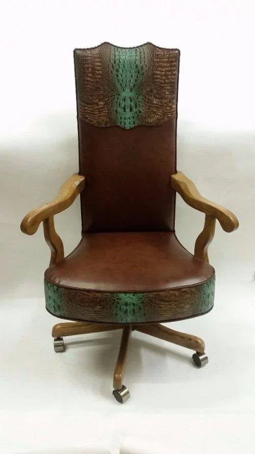 Smooth brown leather office chair with turquoise and brown croc embossed leather - Your Western Decor