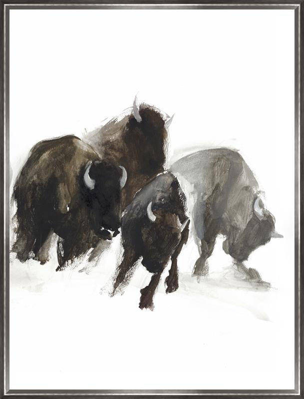 Artistic depiction of bison in a snowy landscape, framed canvas art
