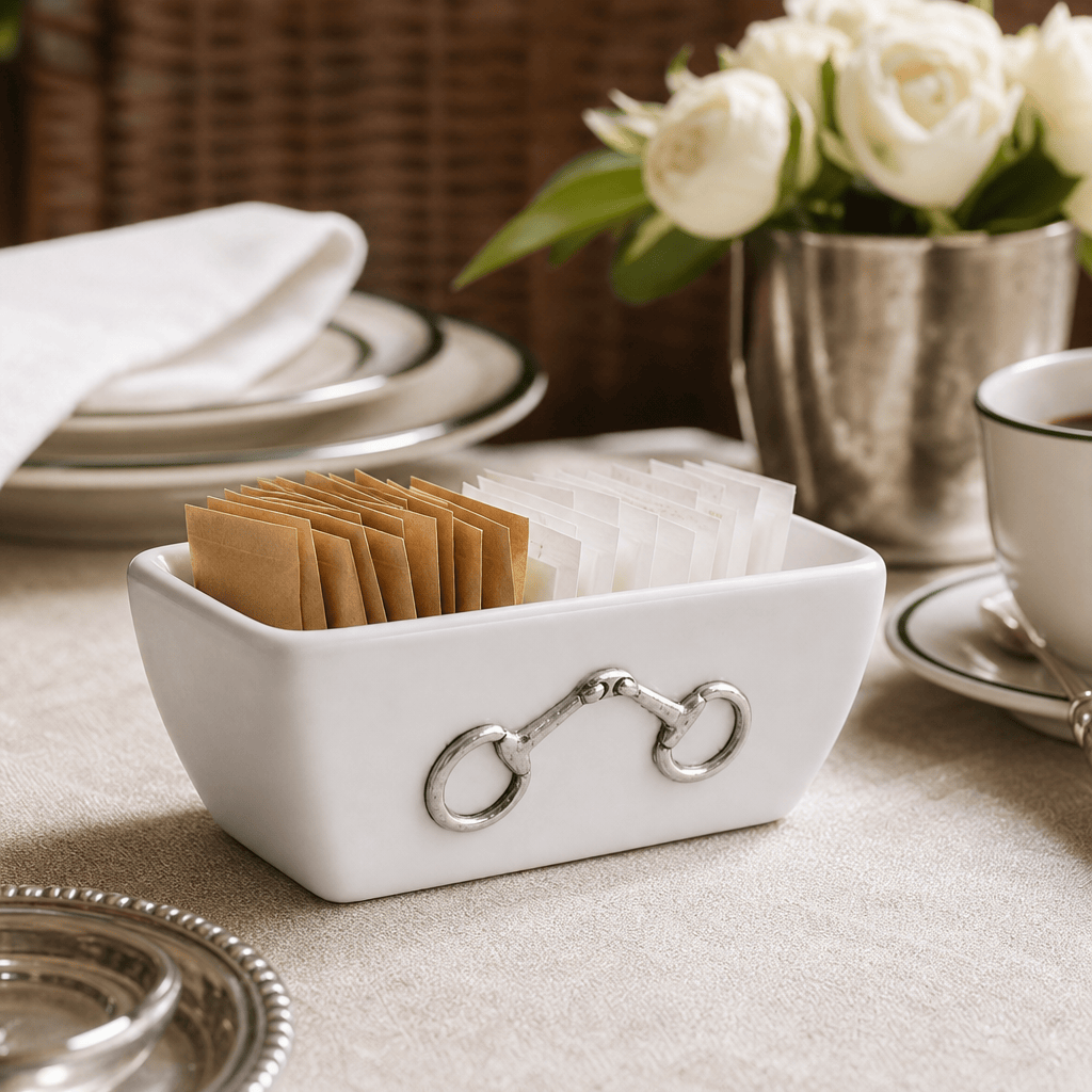 A white ceramic tea bag holder with a pewter horsebit detail on the front, filled with brown and white tea bags, set on a beige tablecloth with a blurred tea-time background featuring white roses and a teacup.
