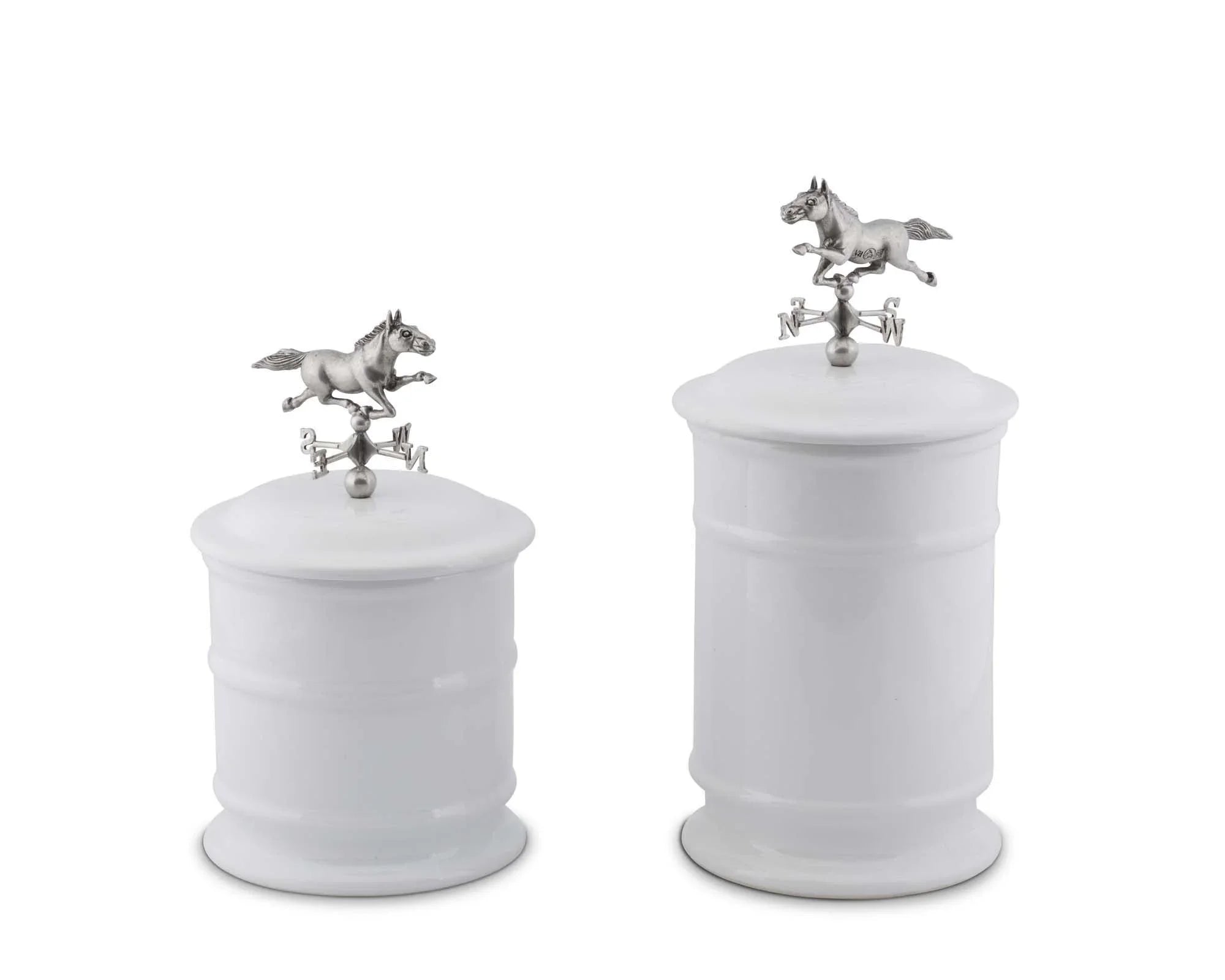 White stoneware canisters with pewter horse weathervane finial on lids - Your Western Decor