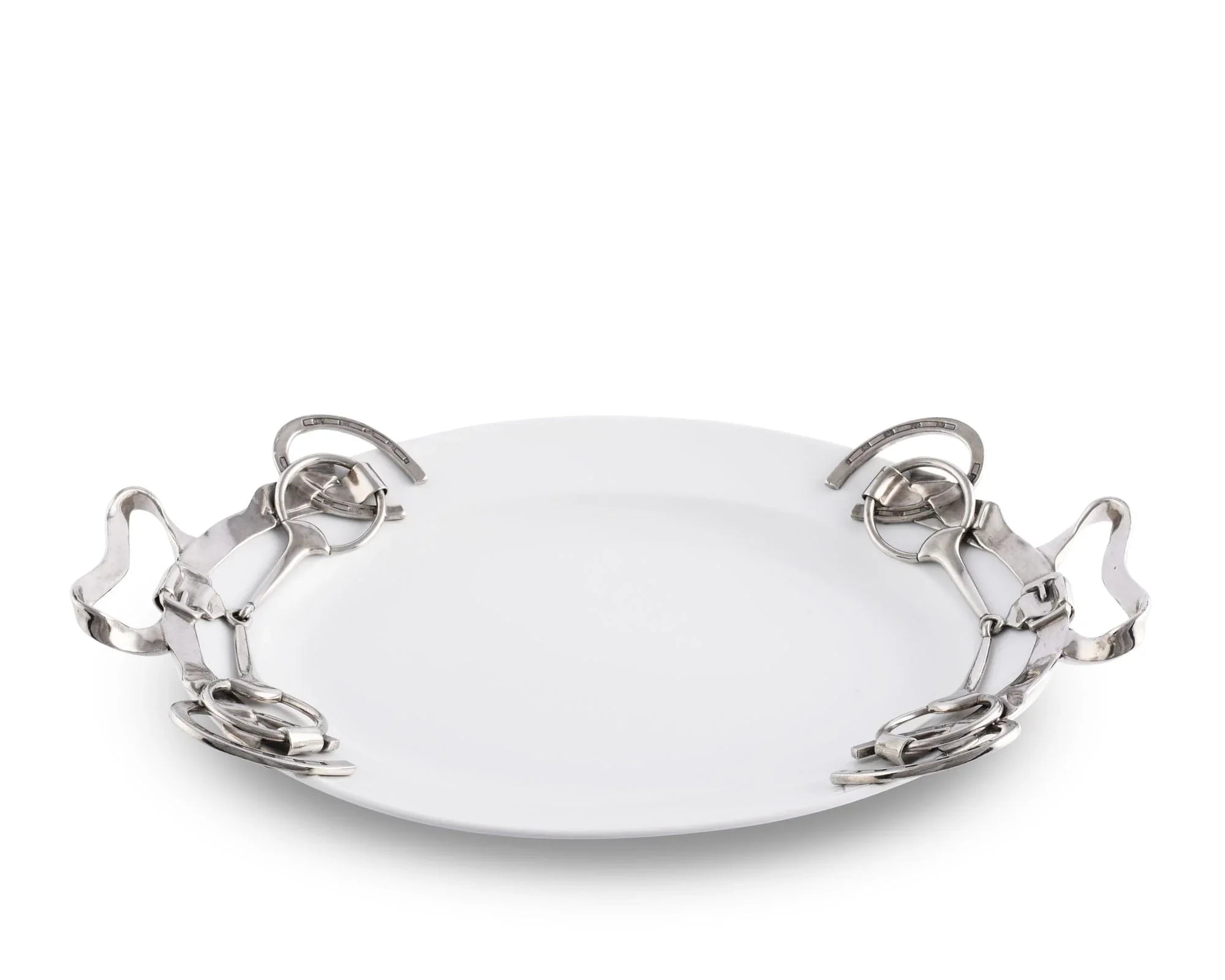 White glazed stoneware serving tray with pewter horse tack handles - Your Western Decor