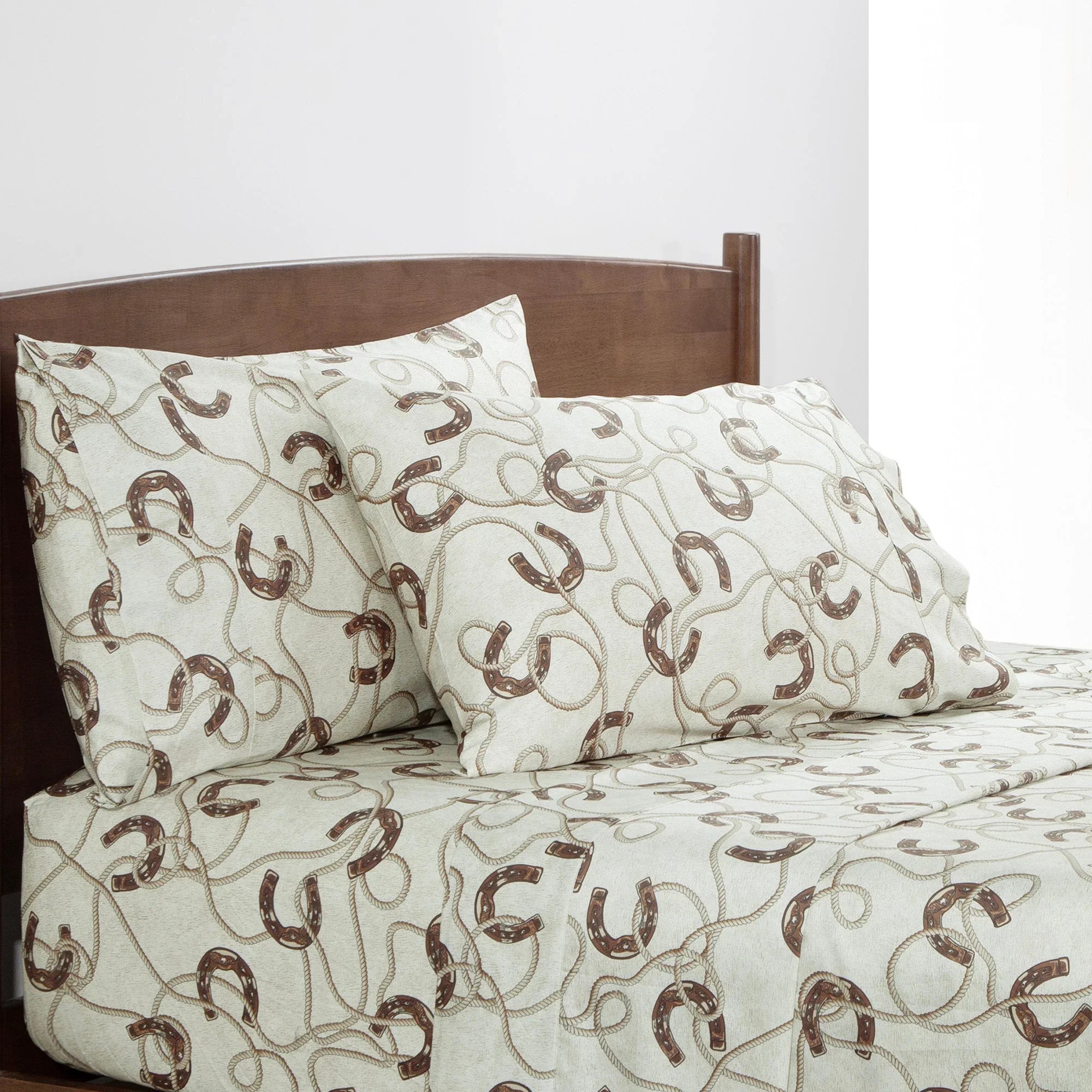 Cotton sheets in cream with brown horseshoes and tan rope - Your Western Decor