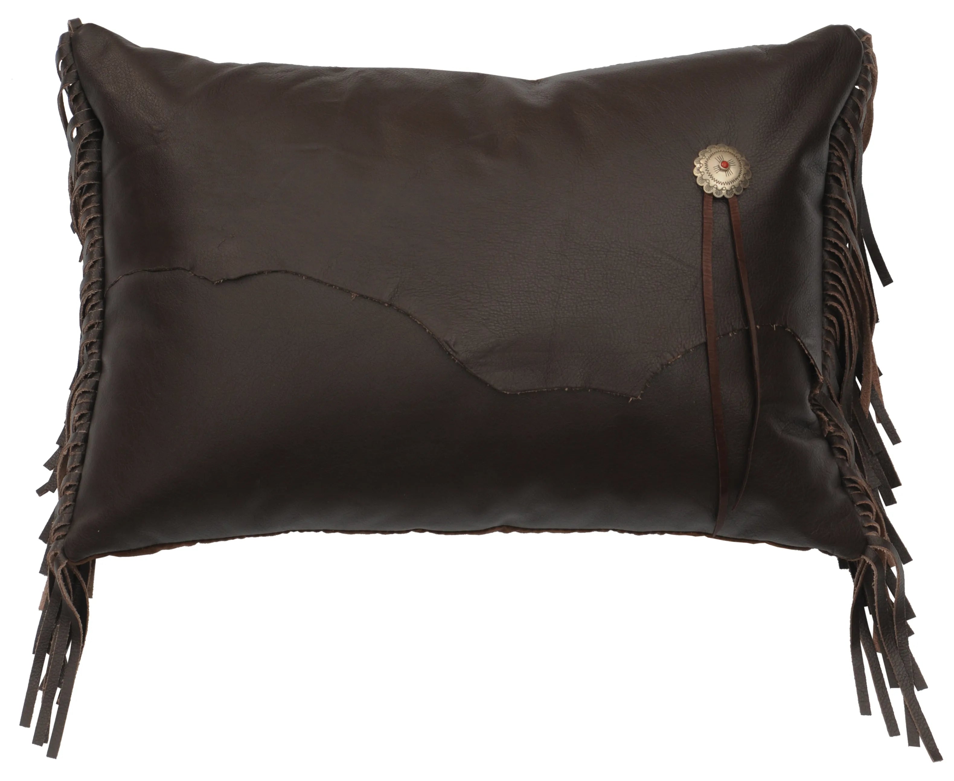 Brown leather pillow with fringe and decorative button on a white background