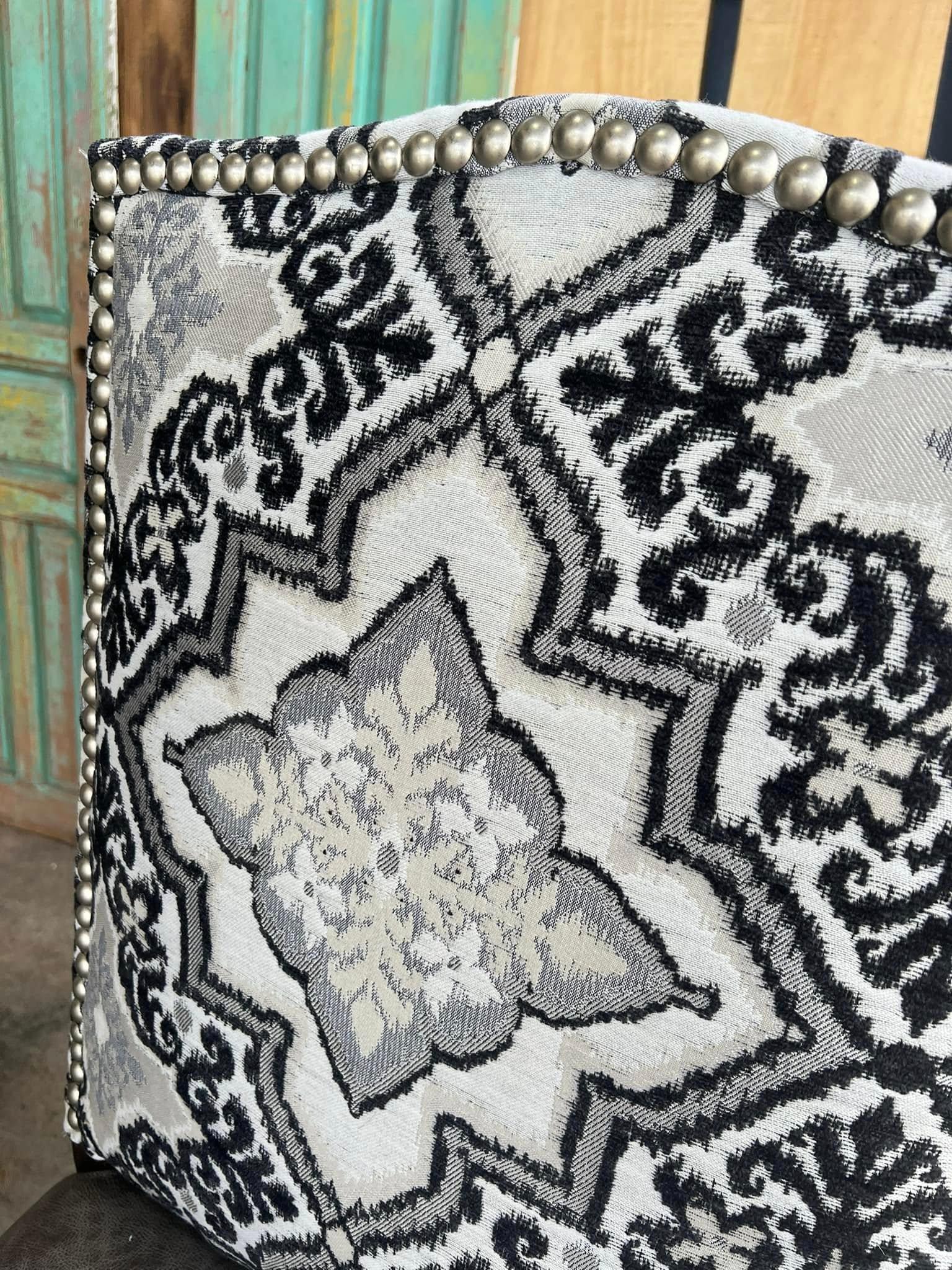 Detailed grey, white, black fabric on bar and counter stools - Your Western Decor