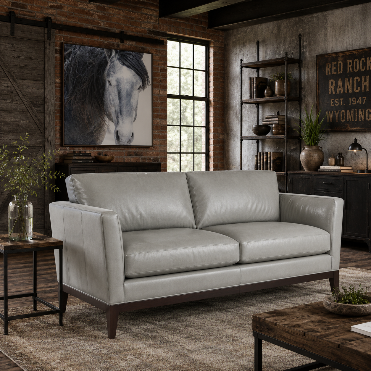 grey leather sofa with horse art, both American made