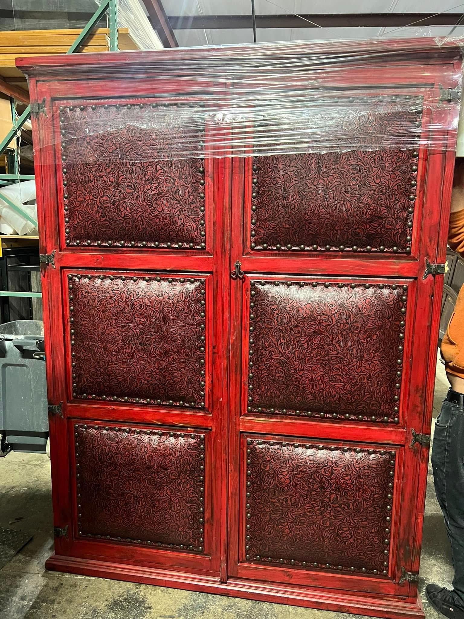 Red Armoire upholstered with red floral leather - Your Western Decor