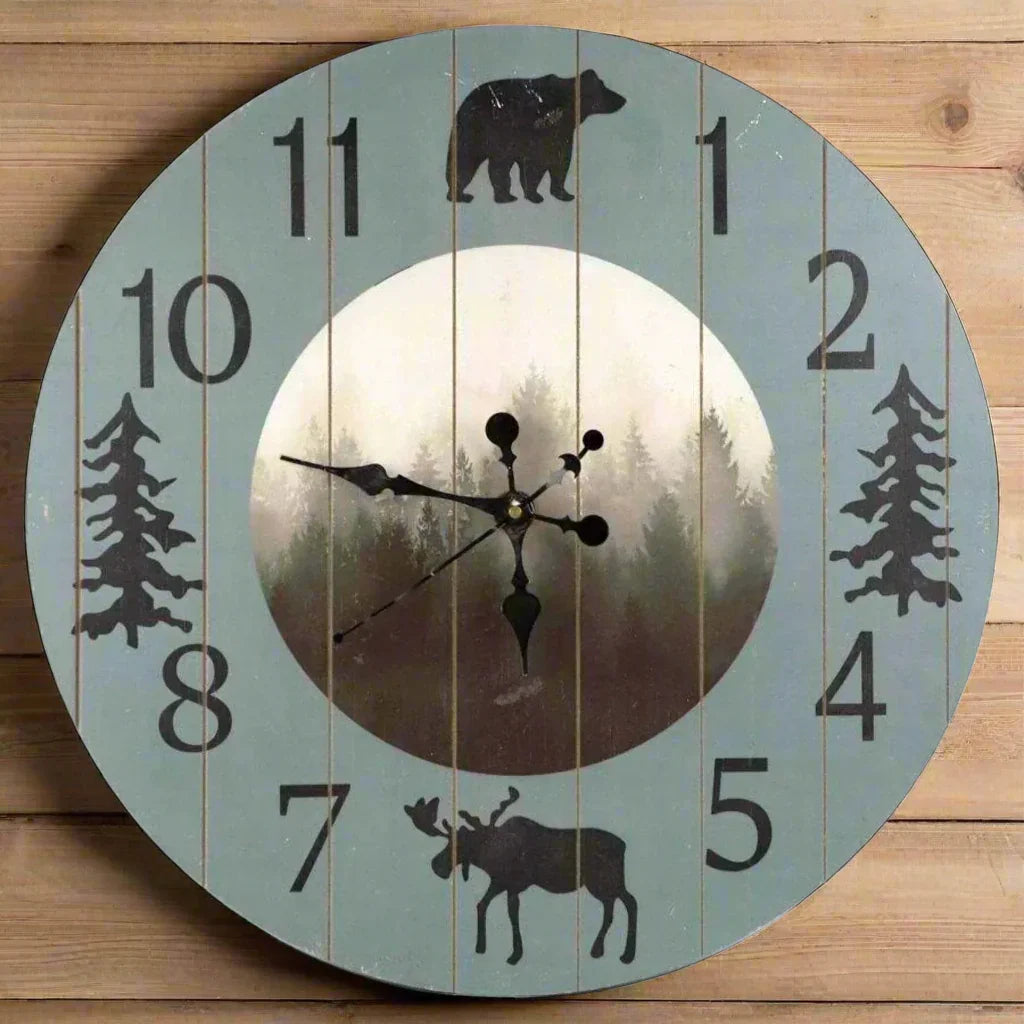 Pine trees, bear, moose, round wood plank wall clock- Your Western Decor