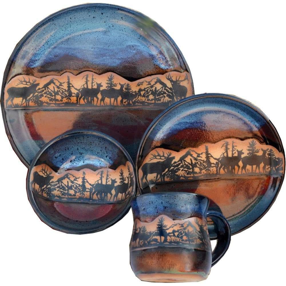 Handmade in the USA pottery dinnerware with moose scene - Your Western Decor.