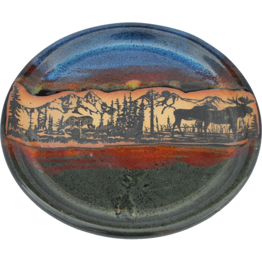 Forest moose glazed pottery dinner plate, made in the USA. Your Western Decor