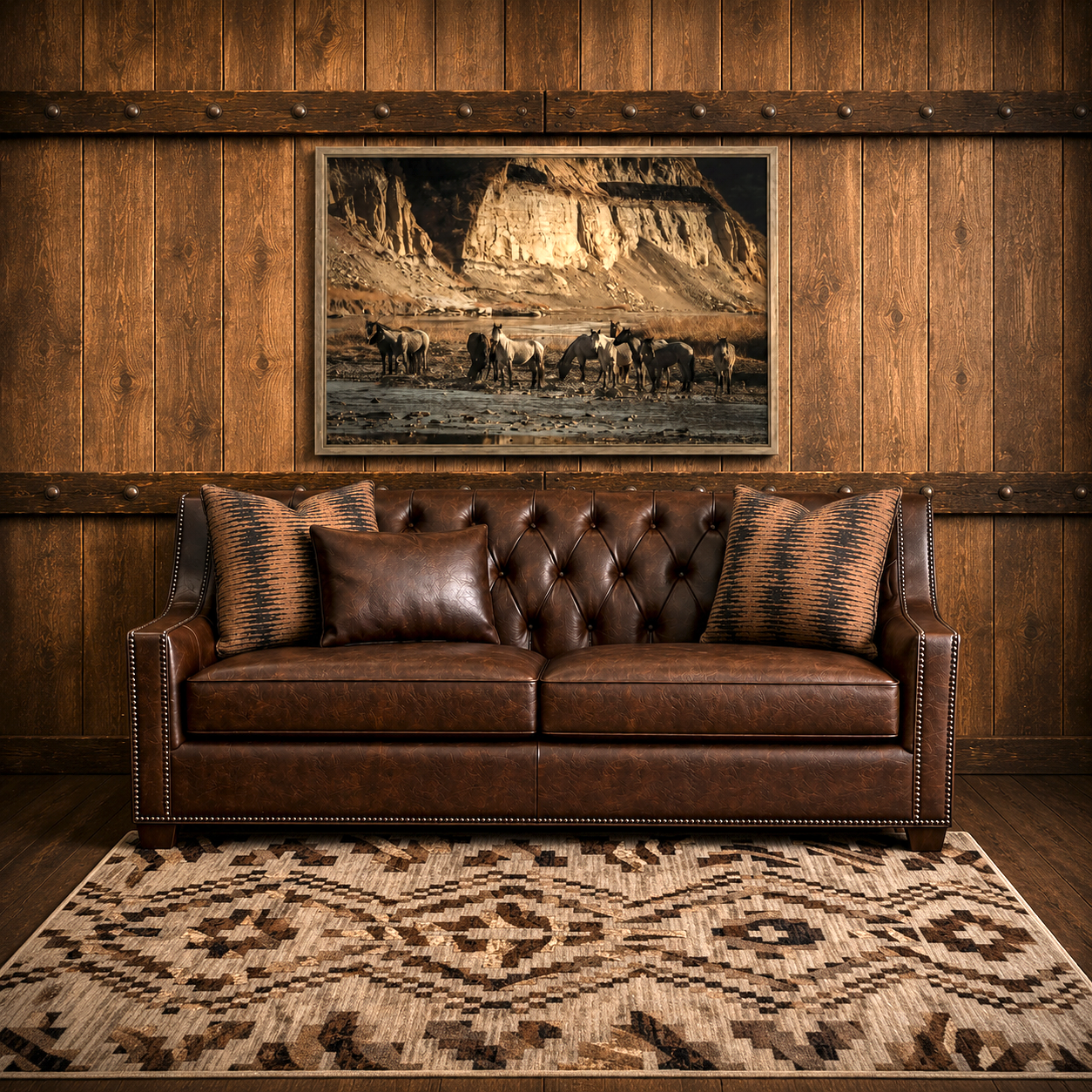 Fort Benton tufted dark brown leather sofa in luxury western lodge living room