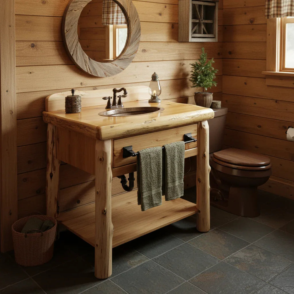 Wooden vanity with sink in a rustic bathroom setting - Your Western Decor