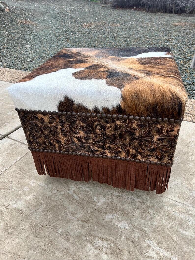 Custom Buckeye Fringed Leather Ottoman with cowhide top made in the USA - Your Western Decor