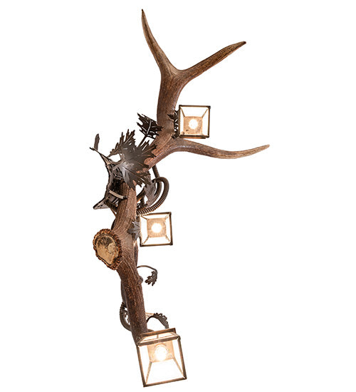 Right facing elk and mule deer antler wall sconce with three lantern lights in rustic lodge style, handcrafted in the USA