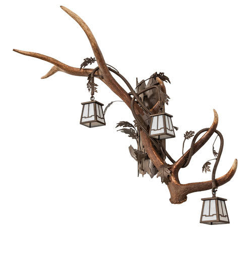 Right facing elk and mule deer antler wall sconce with three lantern lights, handcrafted in the USA