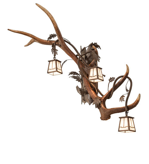 Elk and mule deer antler wall sconce with three lantern lights in rustic lodge style, handcrafted in the USA