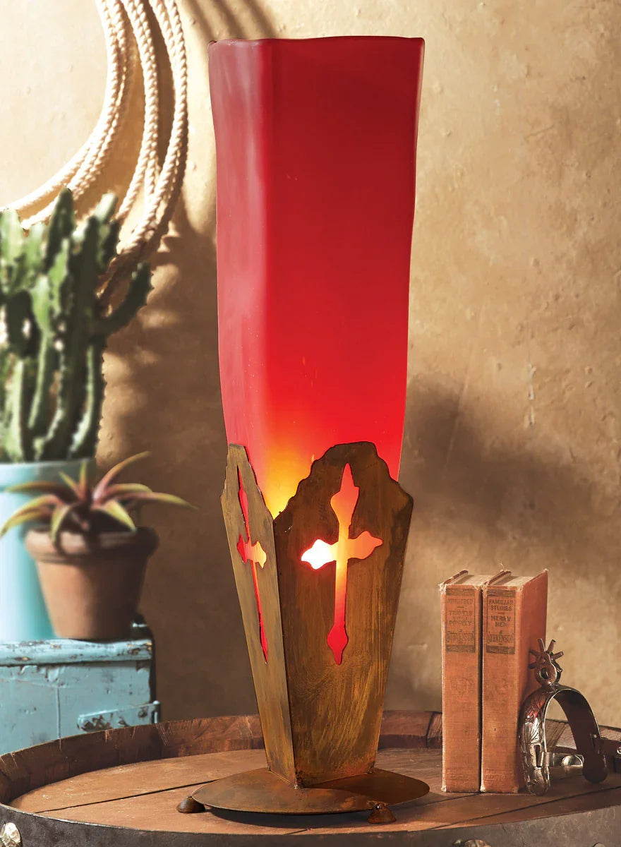 Handmade frosted red glass and plasma cut metal base accent lamp - Your Western Decor
