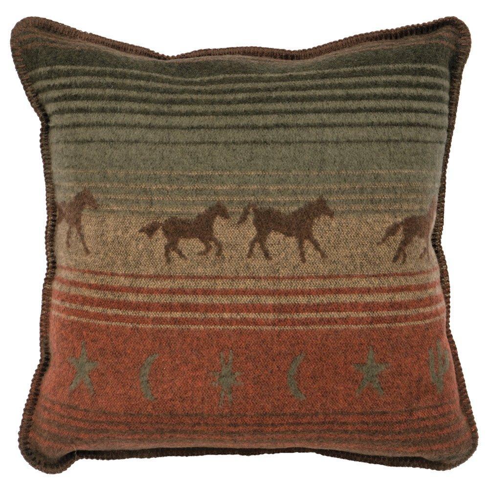 Western mustang throw pillow with running horse design in rust, sage, and charcoal tones, wool blend fabric with blanket stitching, American made ranch decor accent