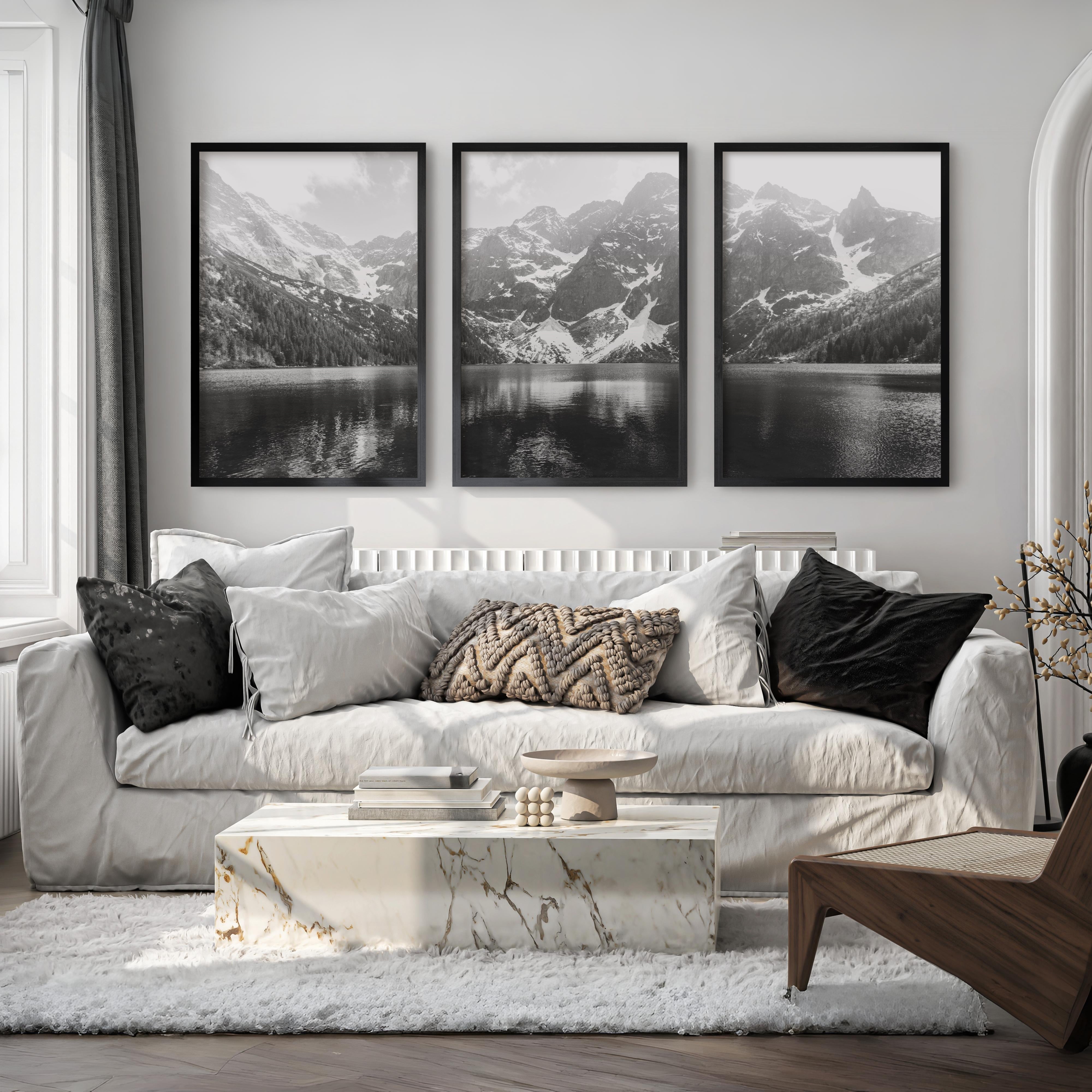 glacier national park triptych wall art black white mountain fine art print set, black frame