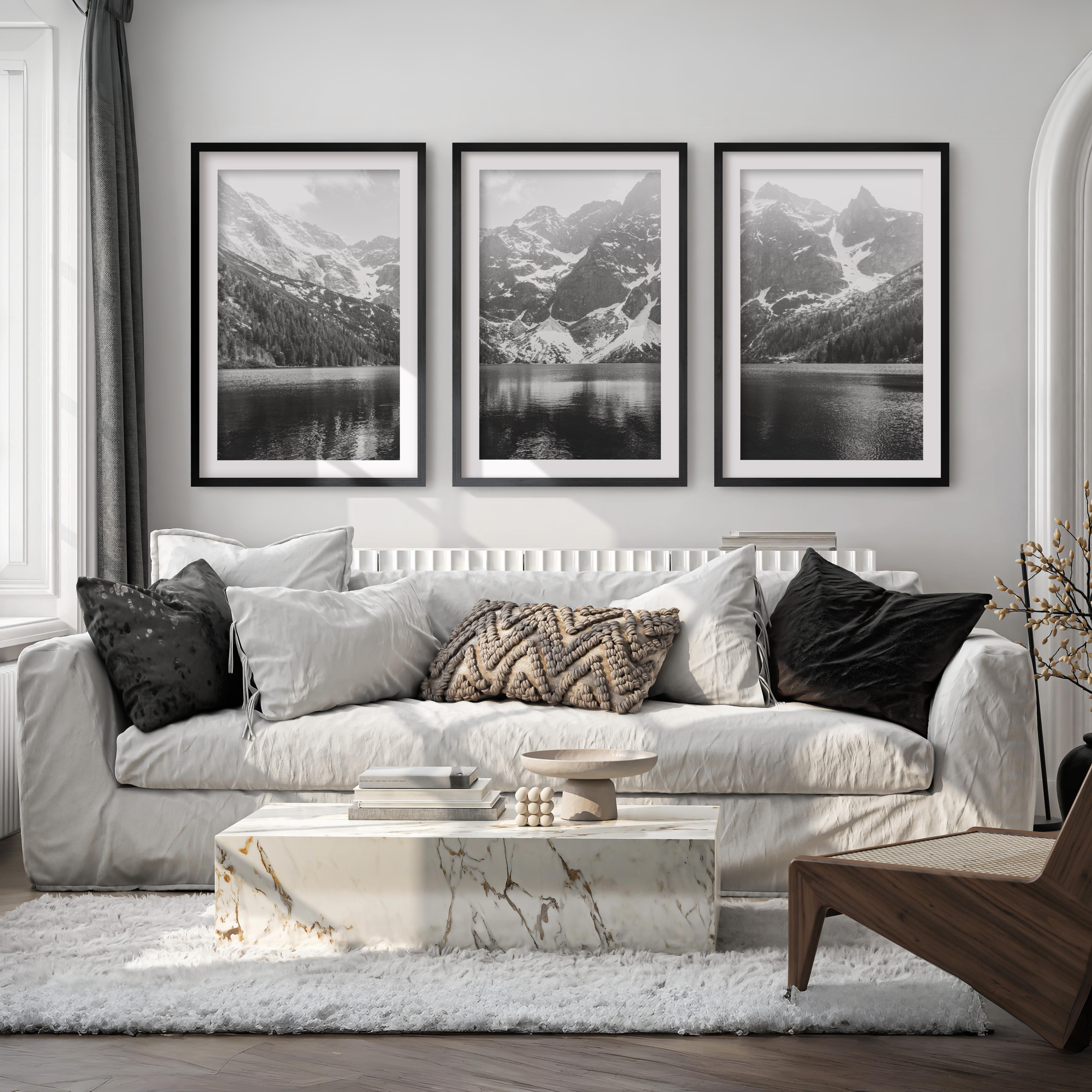 modern mountain wall decor triptych nature photography prints, black wood frame, white border