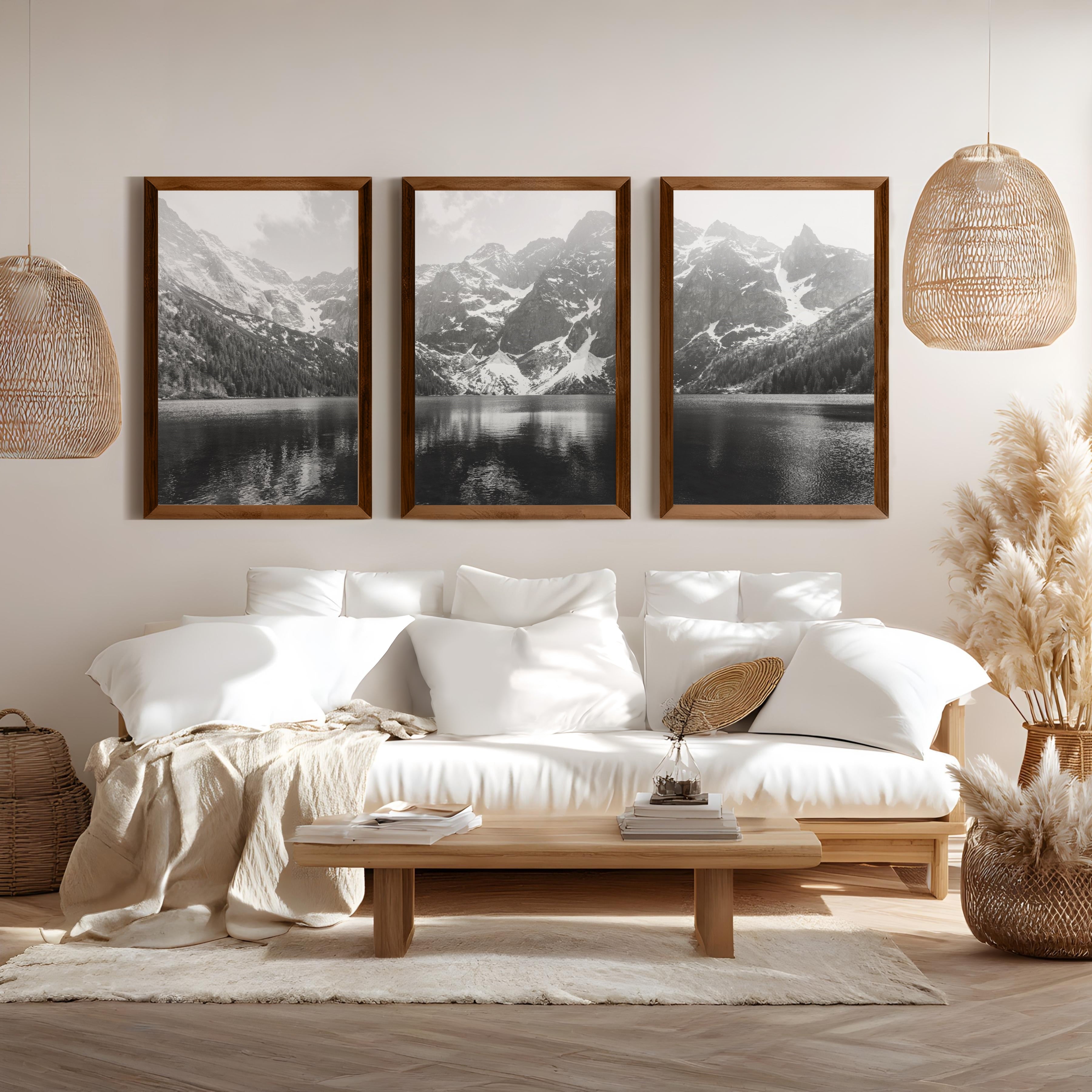 black and white mountain triptych wall art glacier national park print set, natural wood frame