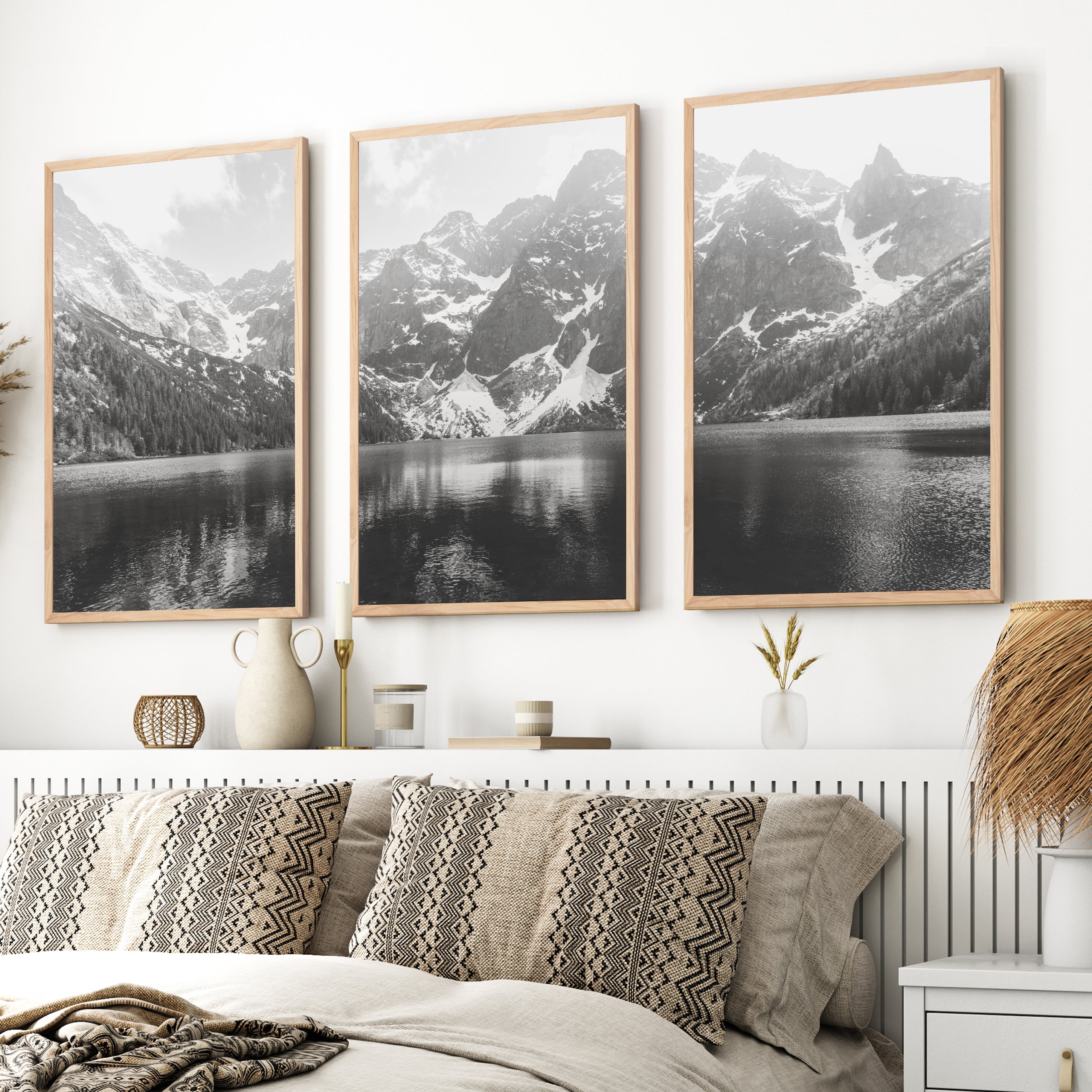 black and white mountain triptych wall art glacier national park print set, natural wood frame, no border