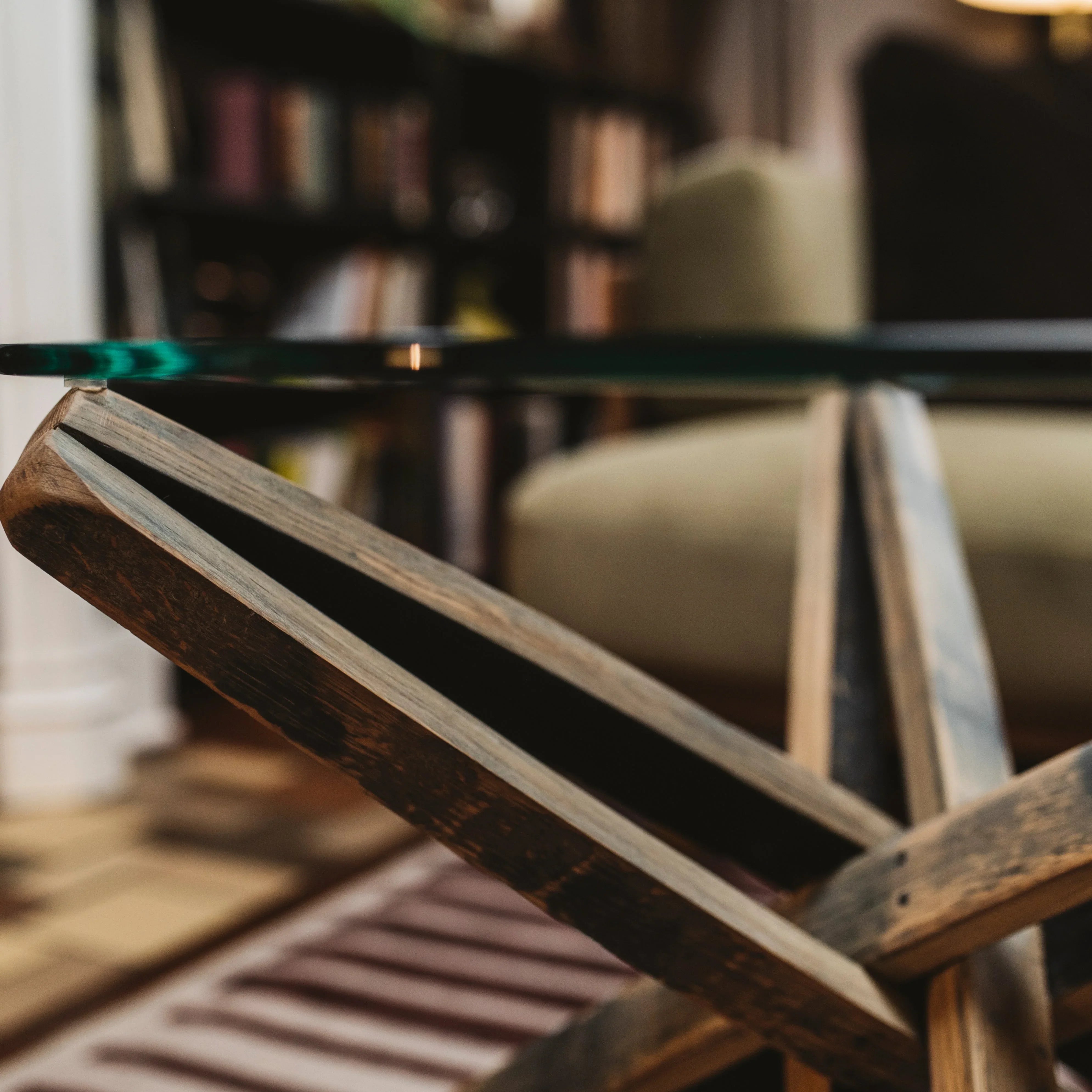 Side table made from tequila barrel staves with a round glass top, made in the USA - Your Western Decor