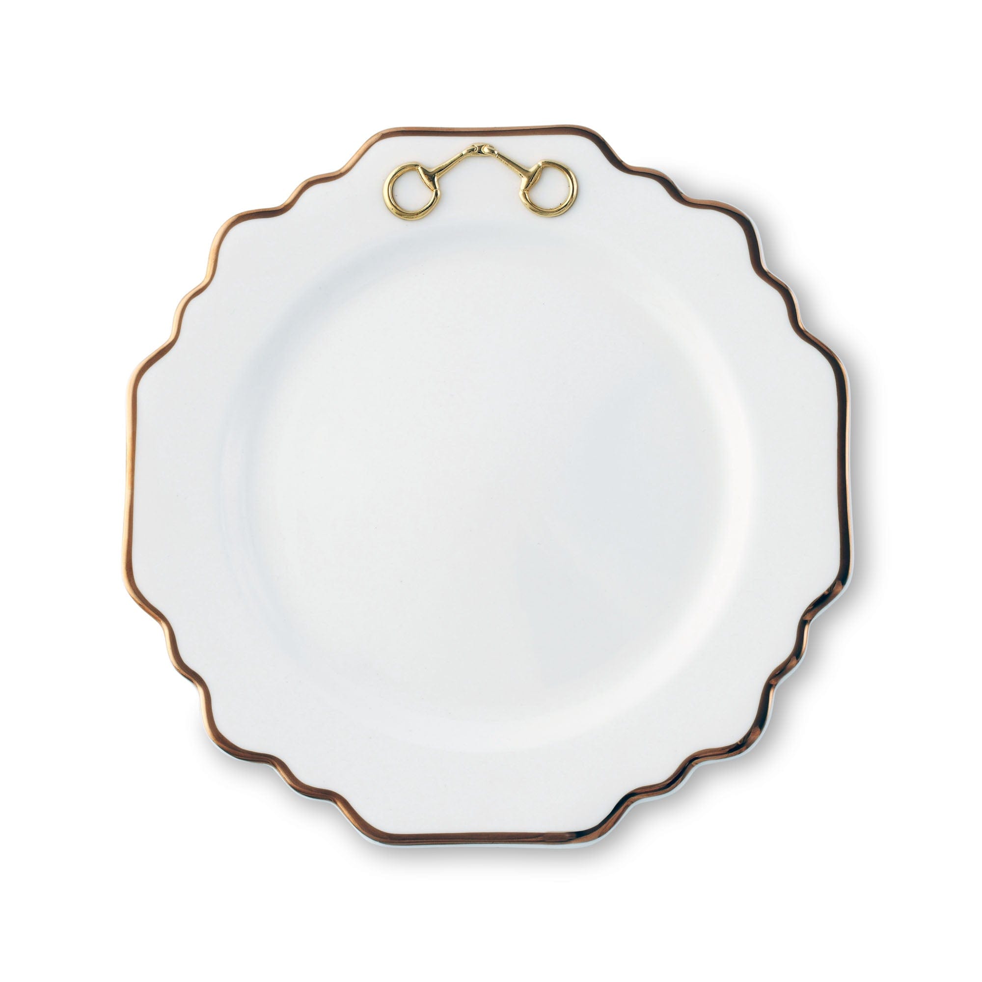 White bone china salad plate with gold rim and gold pewter snaffle bit emblem - Your Western Decor