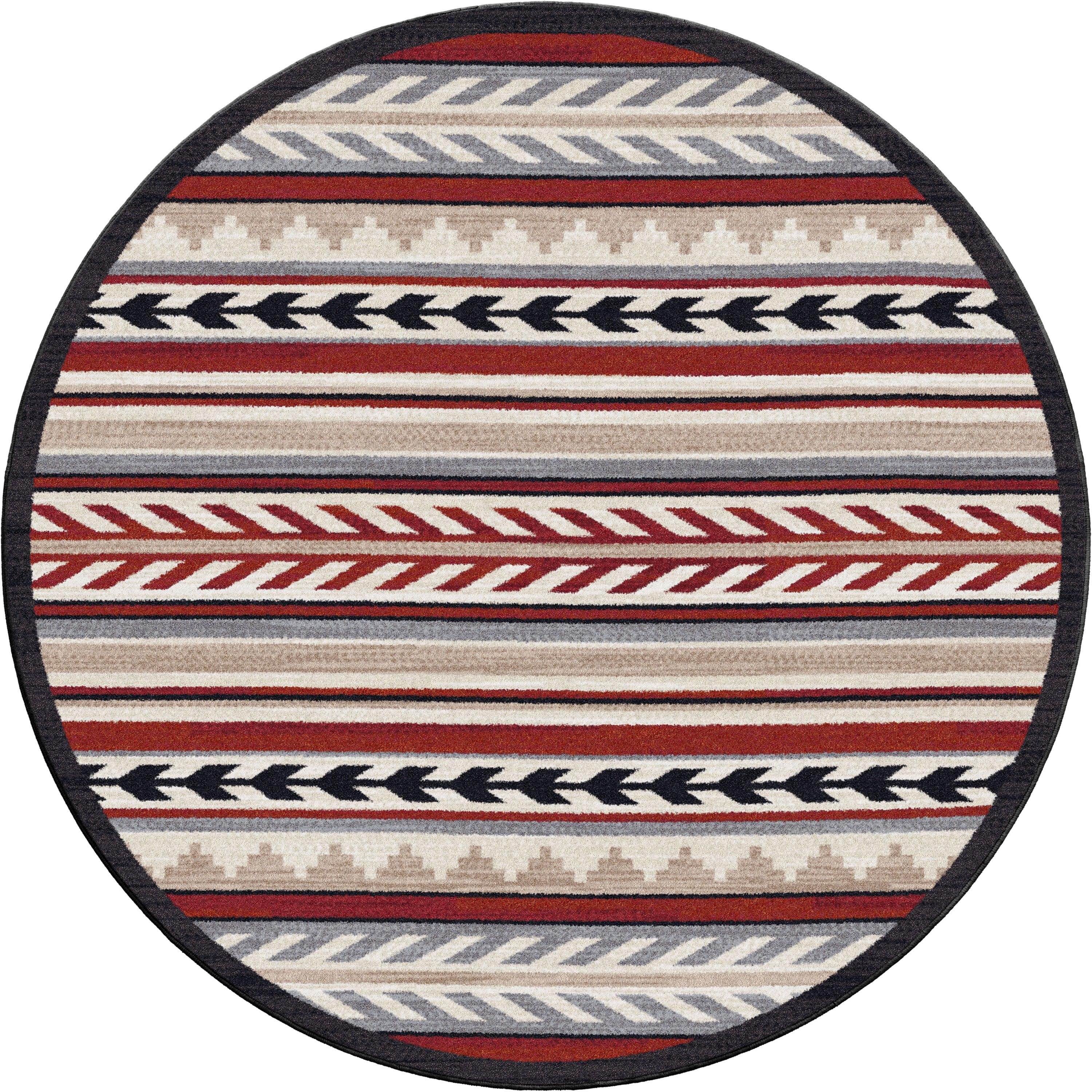 American made Grand Lodge Progression 8' Round Area Rug in Red, black, grey, beige, and off-white - Your Western Decor