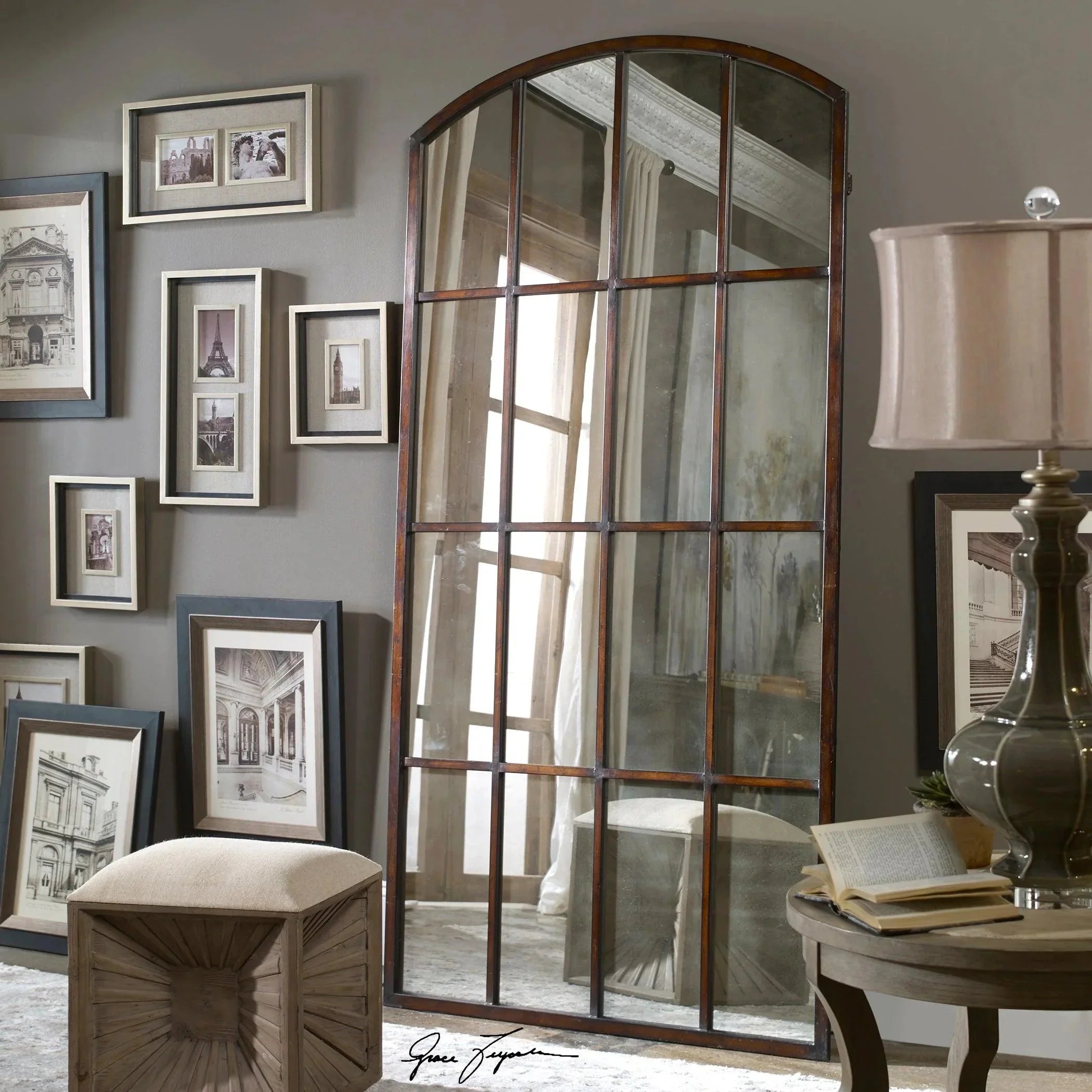 Grande Manor Windowpane Floor Mirror with forged iron frame, burnished bronze hand rubbed finish - Your Western Decor