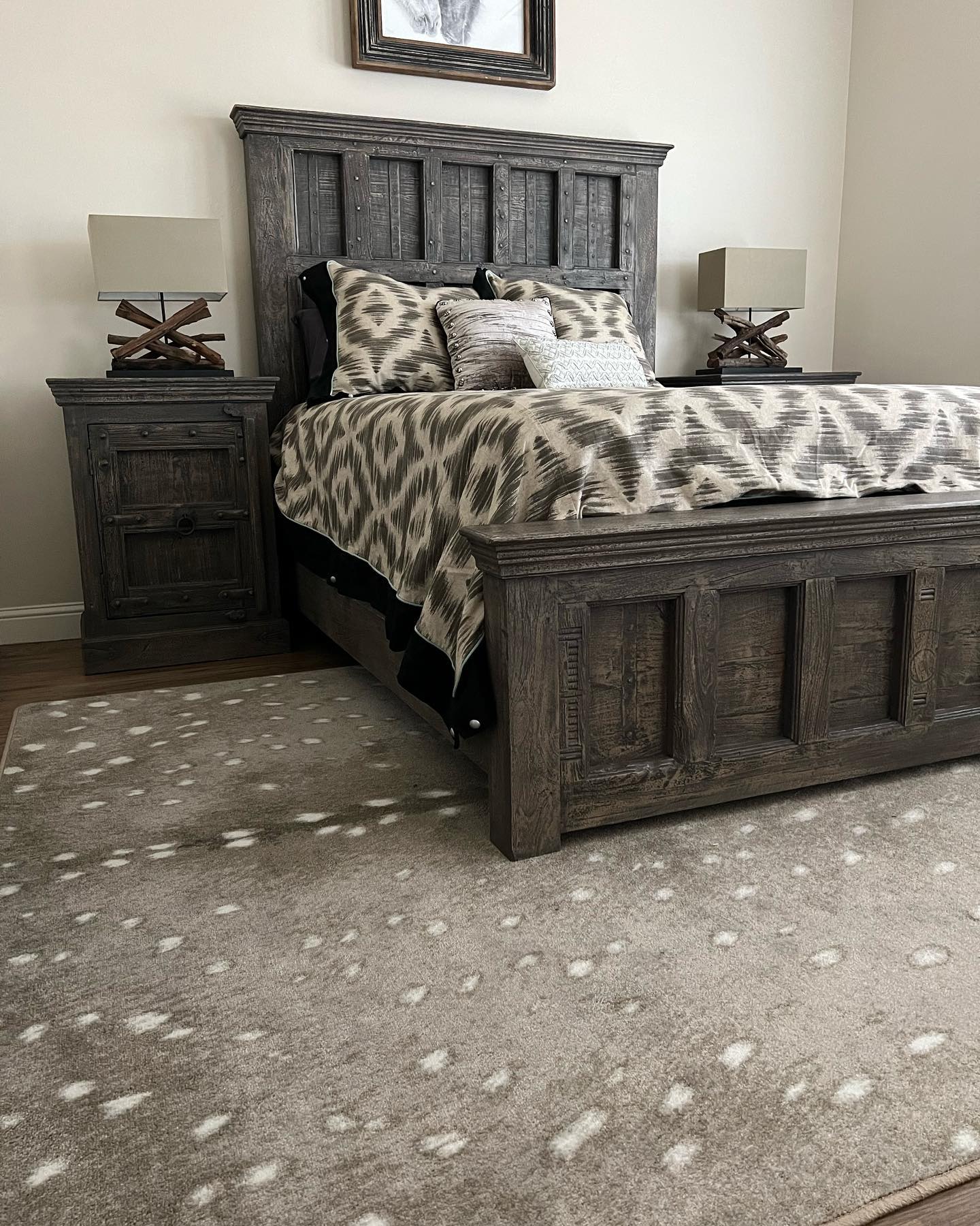 Grey axis area rug in bedroom, made in the US