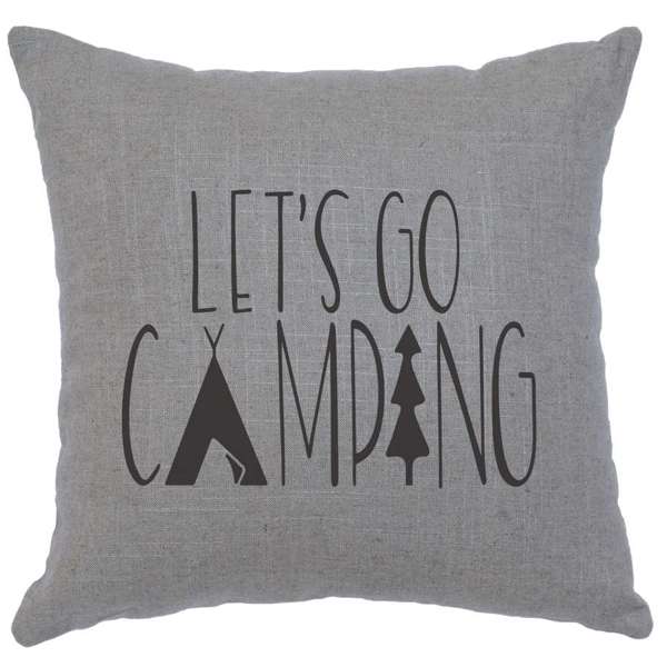 Gray pillow with 'Let's Go Camping' text and camping-themed graphics - Your Western Decor