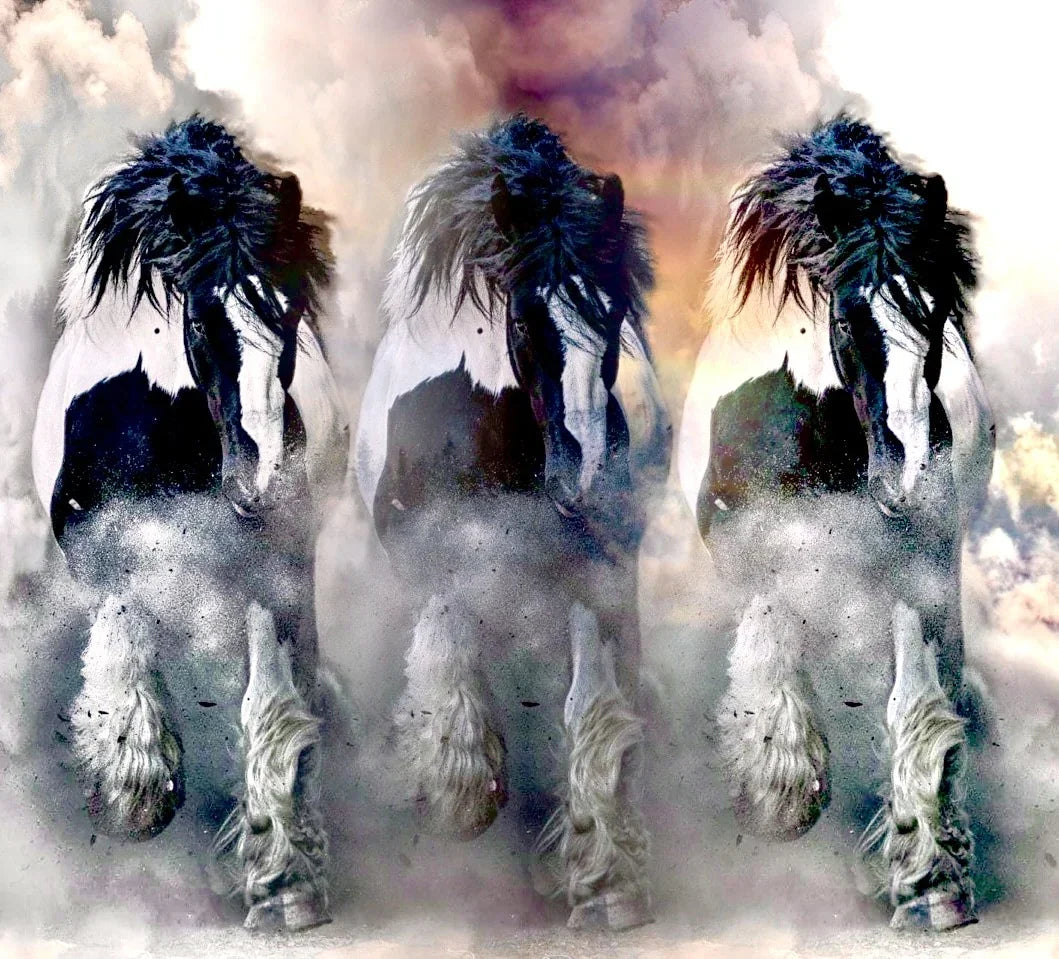 Three Gypsy horses with black and white manes in a misty, abstract setting art by Sherri Alexander
