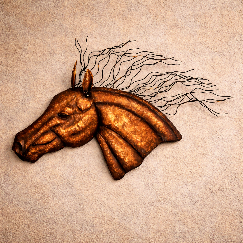 Decorative hammered copper horse head wall art on a beige textured wall - Your Western Decor