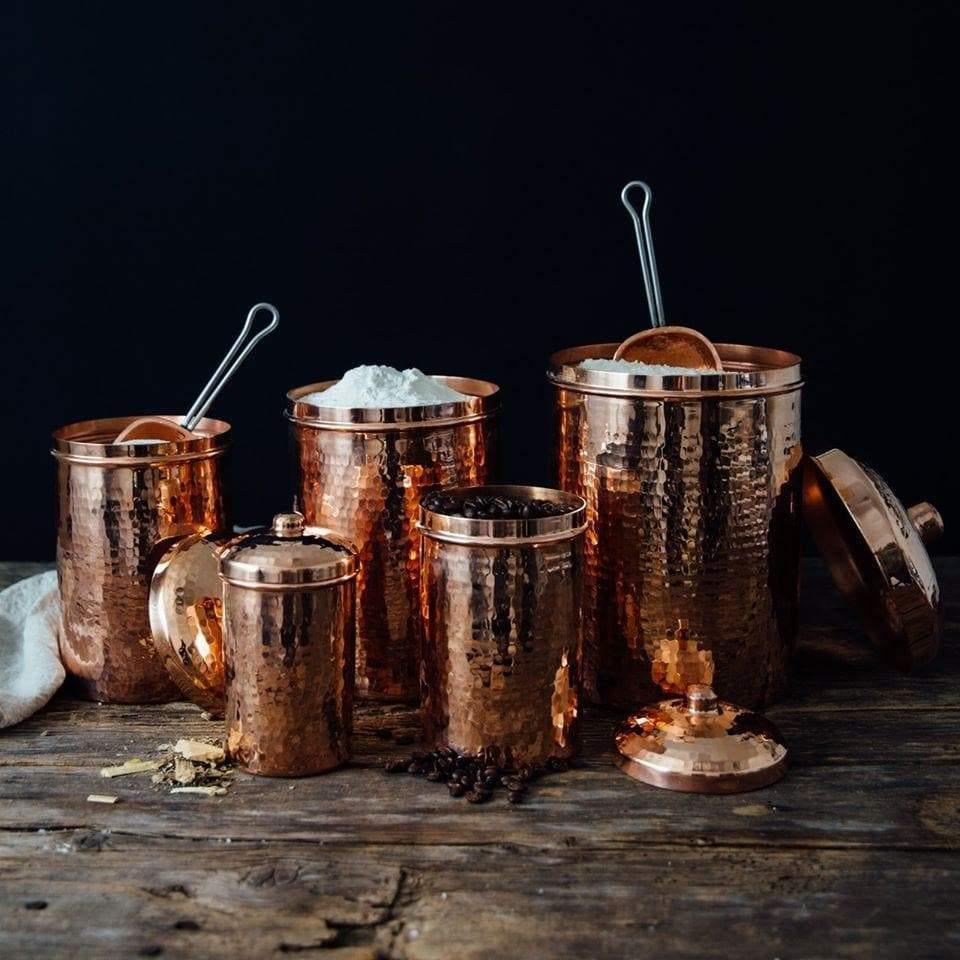 5 hammered copper canisters peacock patina