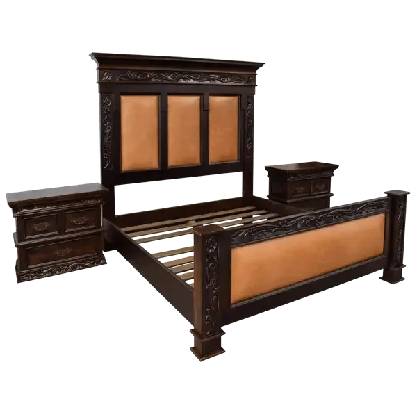 Wooden bed with intricate carvings and brown leather panels on a white background with nightstands - Your Western Decor