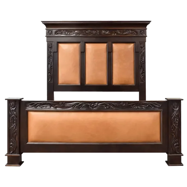 Decorative bed with brown leather panels and intricate carvings on a white background - Your Western Decor