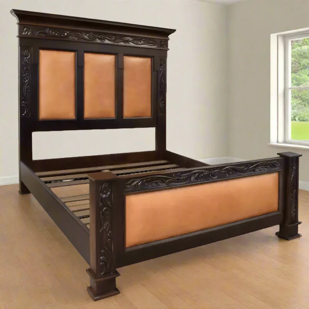 Decorative bed with brown leather panels and intricate black metalwork on a white background - Your Western Decor