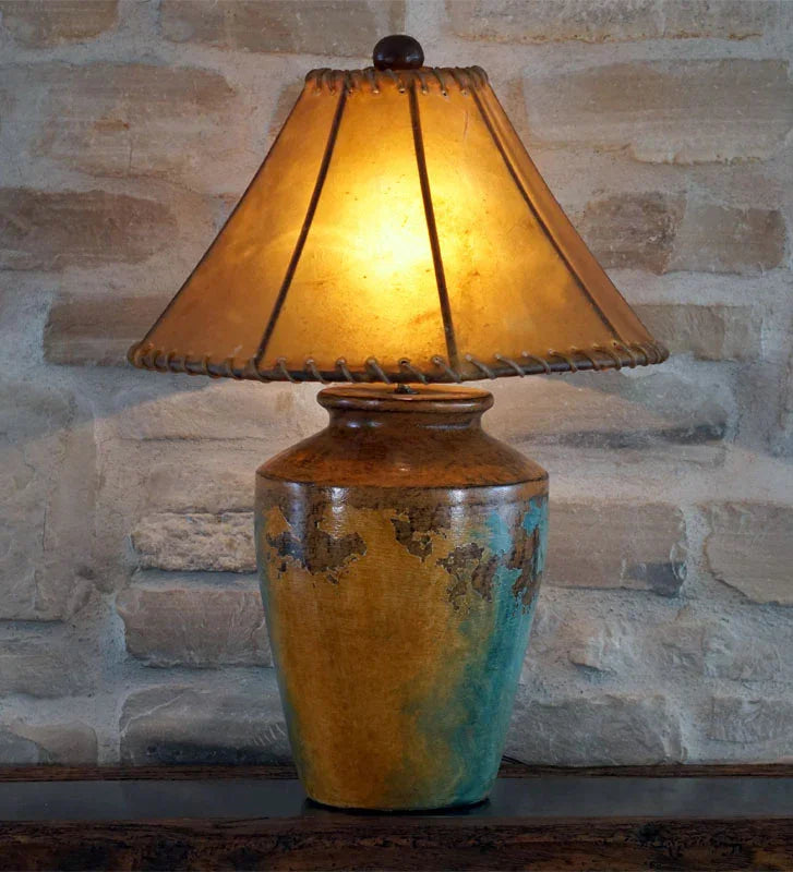 Hand Painted Mexican Pottery Table Lamp with genuine handmade rawhide lamp shade - Your Western Decor