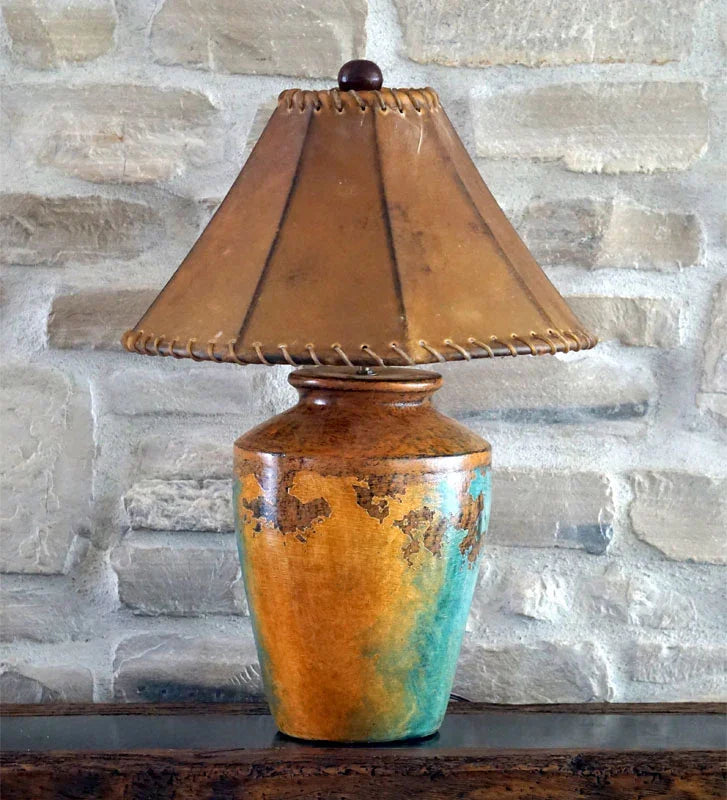Hand Painted Mexican Pottery Table Lamp with genuine handmade rawhide lamp shade - Your Western Decor