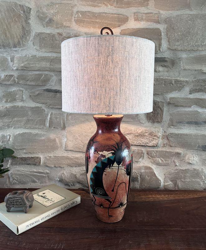 Hand Painted Southwestern Clay Lamp with linen drum lamp shade - Your Western Decor