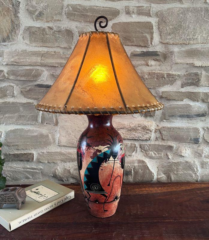 Hand Painted Southwestern Clay Lamp with Rawhide shade - Your Western Decor