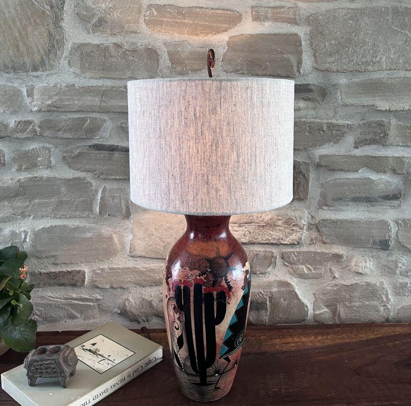 Hand Painted Southwestern Clay Lamp with linen drum lamp shade - Your Western Decor