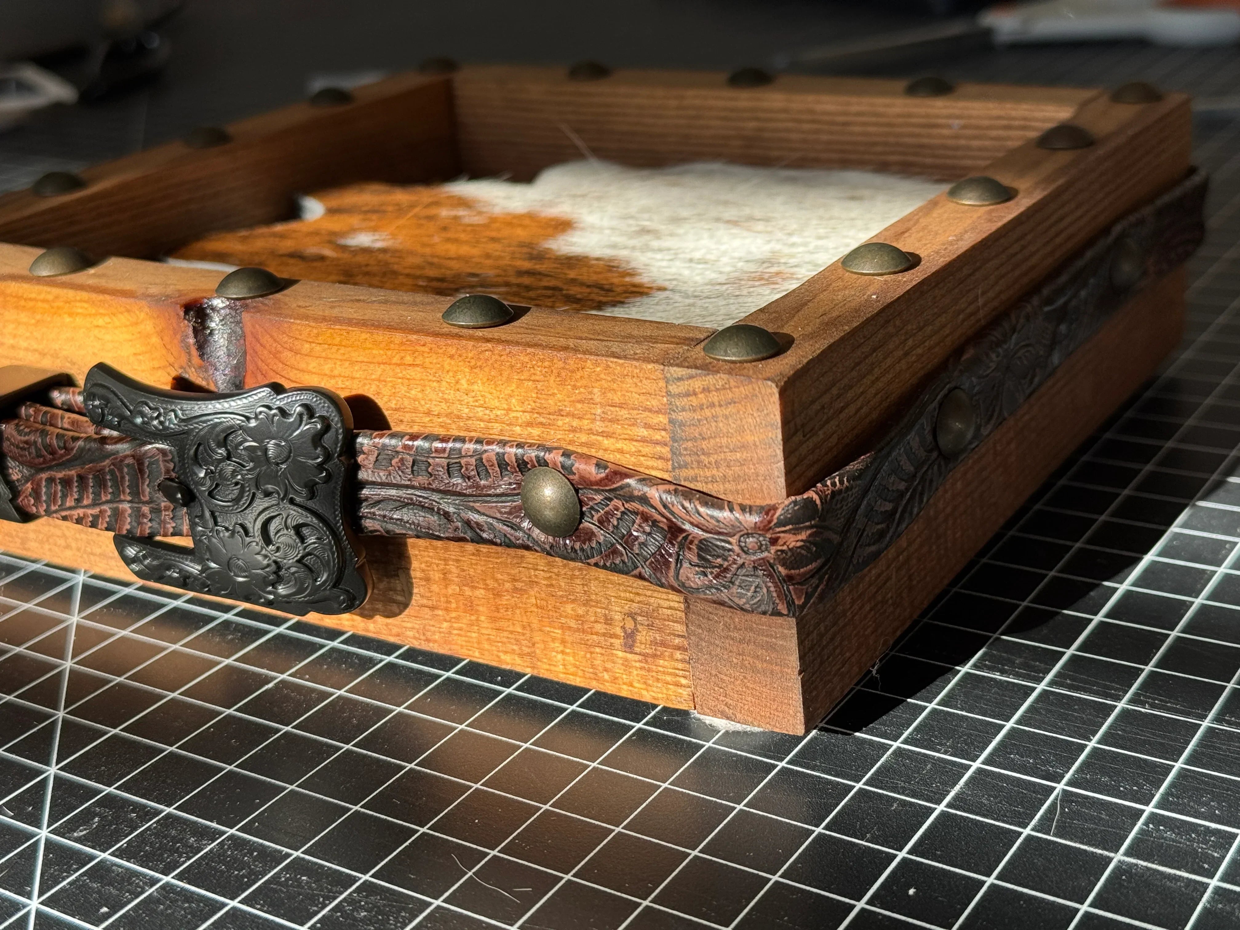 Handmade box and belt for holding/displaying cowhide coasters - Handmade in Oregon - Your Western Decor