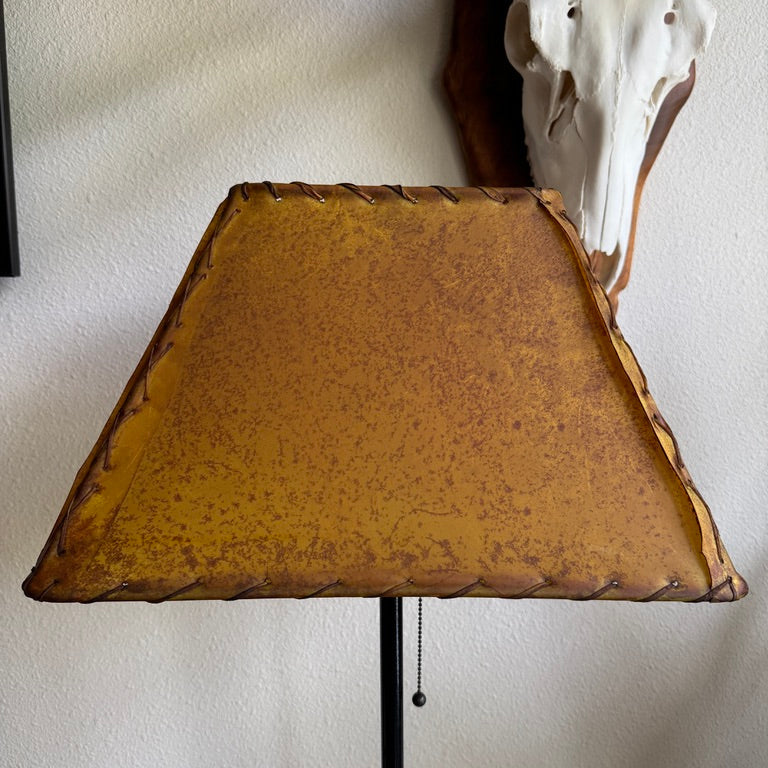 Buckskin rawhide rectangle lamp shade handcrafted in Mexico with whip stitching and natural rawhide texture