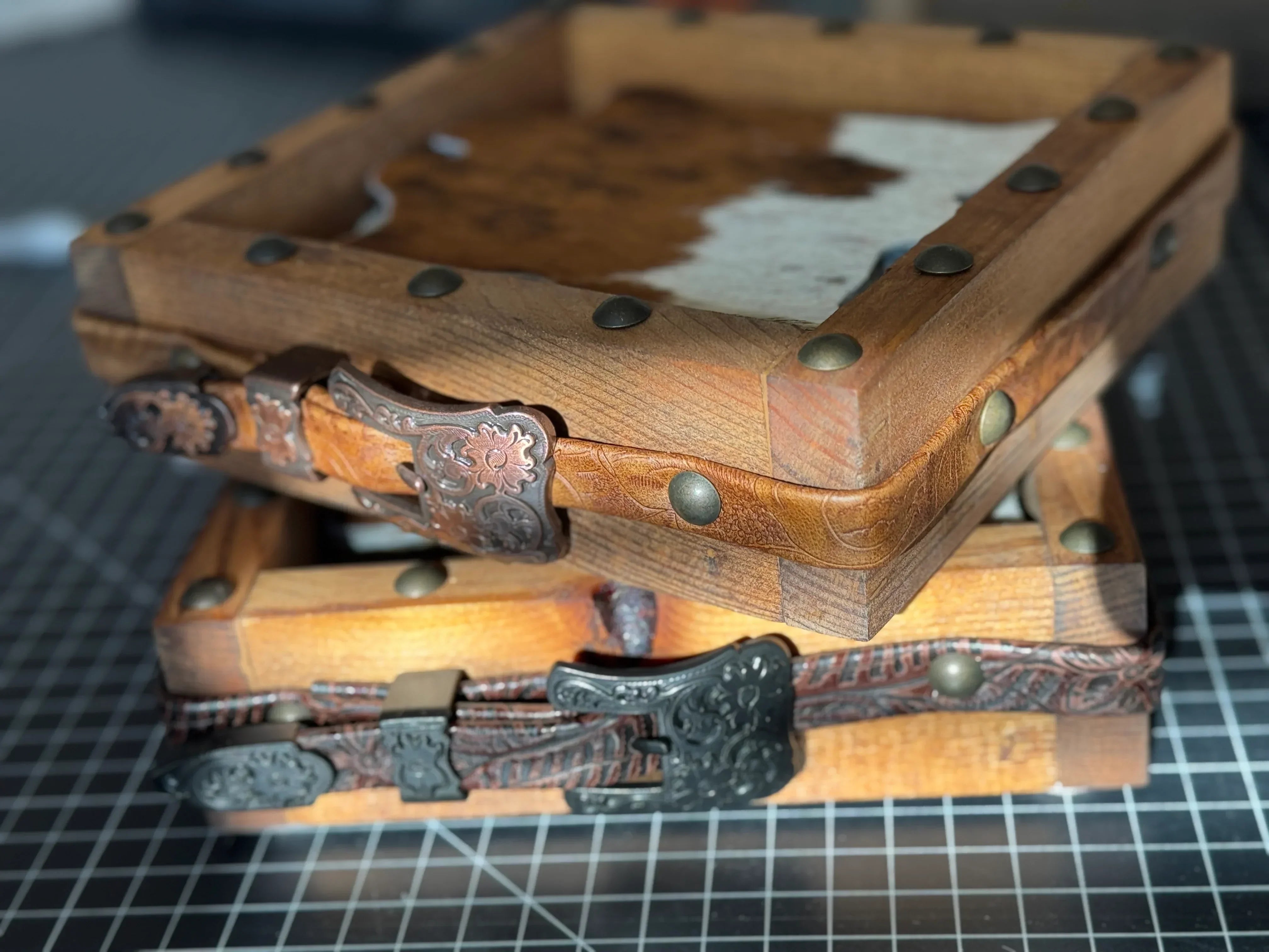 Handmade box and belts for holding/displaying cowhide coasters - Handmade in Oregon - Your Western Decor